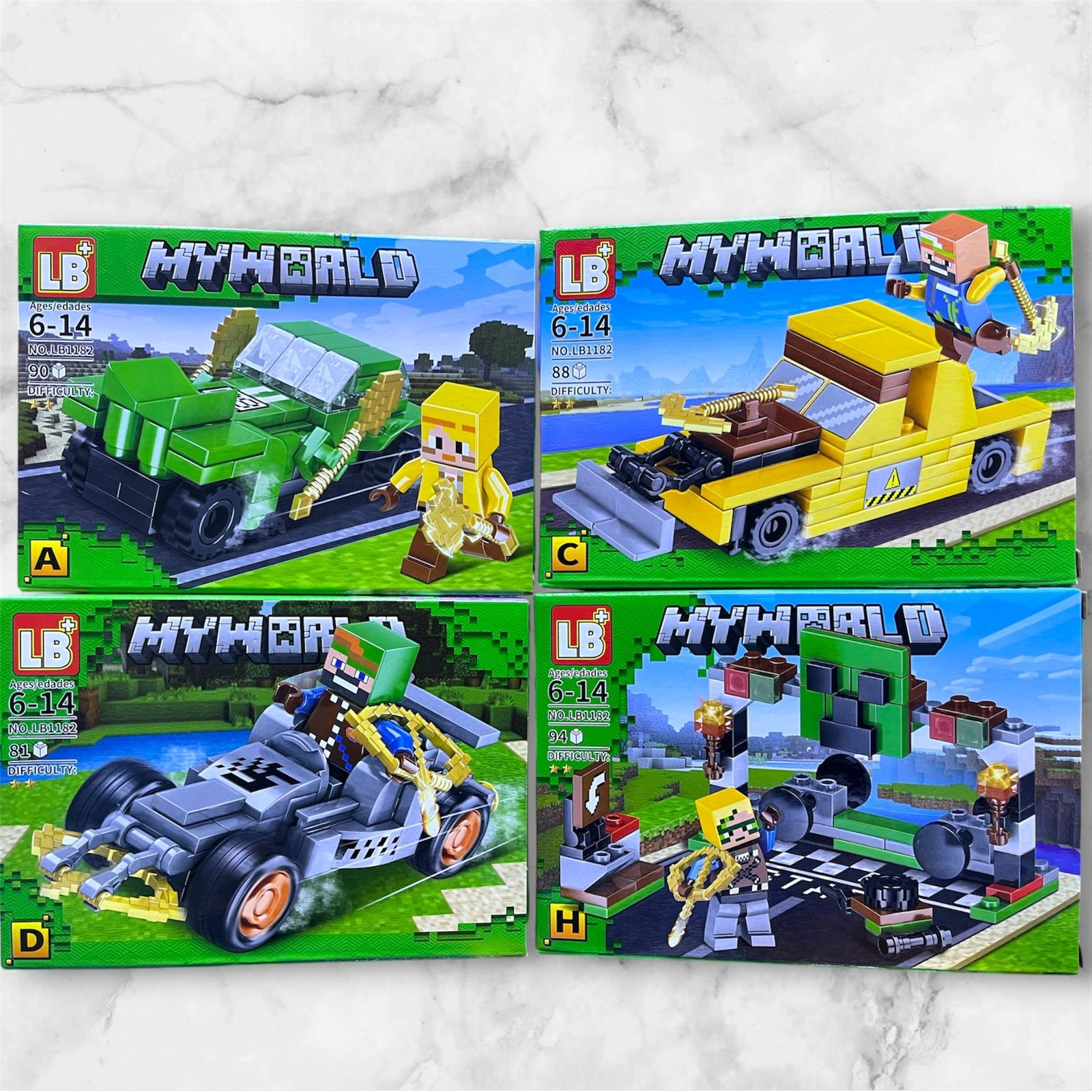 Set de 4 vehículos armables Minecraft MY WORLD LB1182 compatibles con LEGO: auto verde, camioneta amarilla, auto de carrera y escena de Creeper con minifiguras