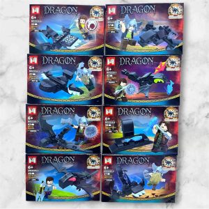 Set de 8 dragones armables DRAGON MG2226 compatibles con LEGO: ocho cajas con dragones de bloques y minifiguras de vikingos, estilo Cómo Entrenar a tu Dragón
