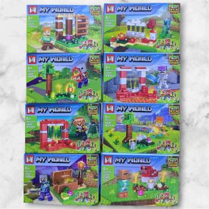 Set de 8 escenas Minecraft MY WORLD MG1152 compatibles con LEGO: aldea, granja de vacas, portal del Nether, caza en el bosque, tesoro y más, cada una con minifigura