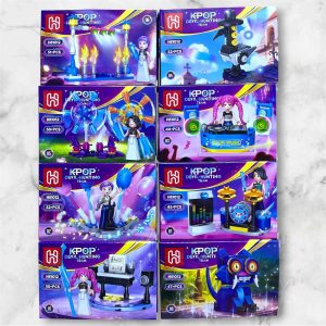 Set de 8 figuras KPop Demon Hunters armables H81012 compatibles con LEGO: las idols Rumi, Mira y Zoey, un Saja Boy y el gato demonio, cada una con su escenario