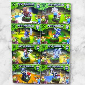 Set de 8 figuras Minecraft MY-WORLD AM89645 compatibles con LEGO: ocho cajas con guerreros, Steve, armas luminosas y bases de bloques con luz LED