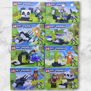 Set de 8 figuras armables de Minecraft My World MG1309 con panda, Steve, esqueleto y construcciones, 360 piezas compatible con LEGO