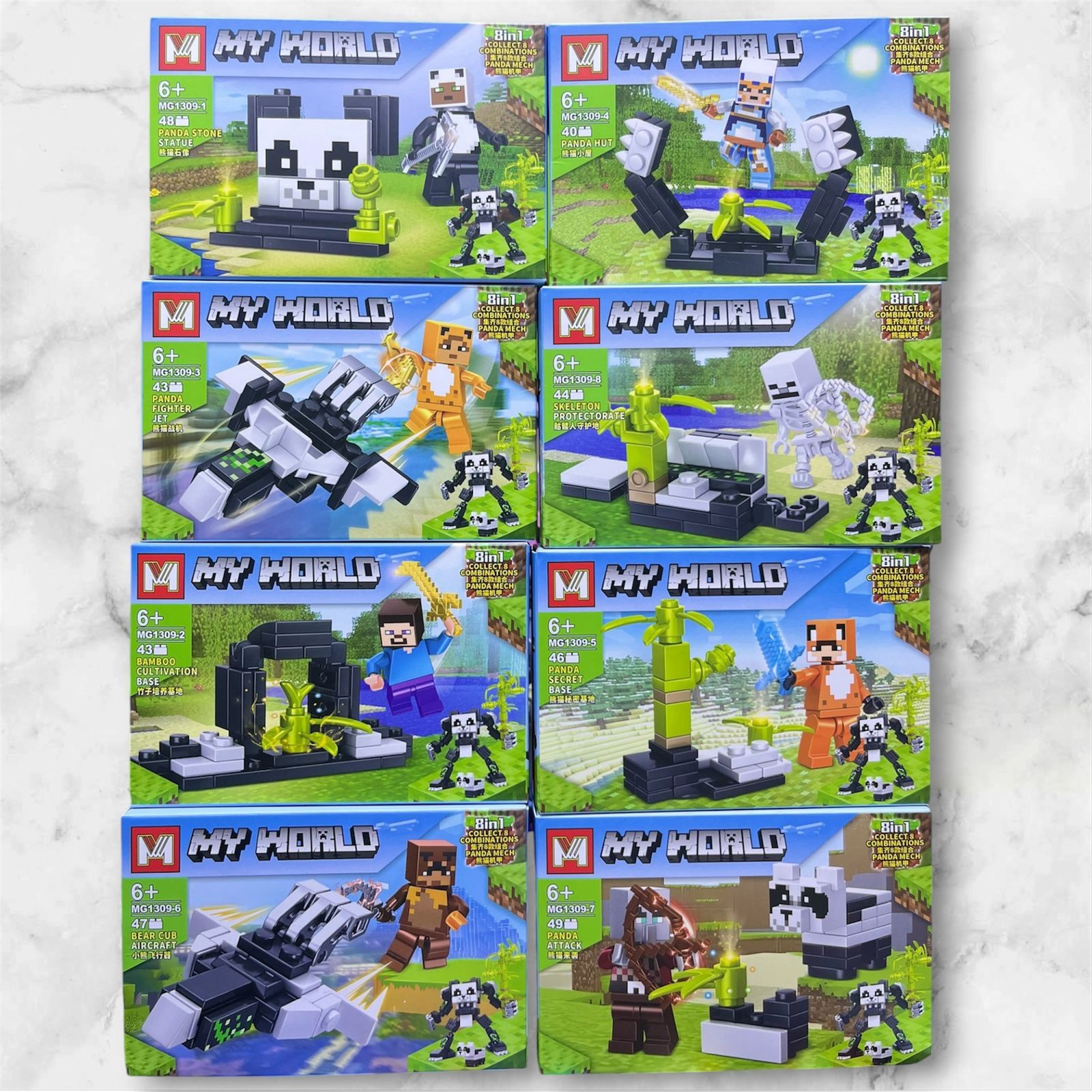 Set de 8 figuras armables de Minecraft My World MG1309 con panda, Steve, esqueleto y construcciones, 360 piezas compatible con LEGO