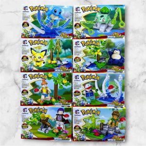 Set de 8 figuras Pokémon armables DEMAO DM5113 compatibles con LEGO: Squirtle, Bulbasaur, Pichu, Snorlax y 4 entrenadores Pokémon con pokebolas y escenas