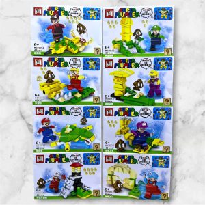 Set de 8 figuras Super Mario armables MG1581 compatibles con LEGO: Mario, Luigi, Wario, Waluigi, Mario de fuego y Mario de hielo con tuberías, monedas y goombas