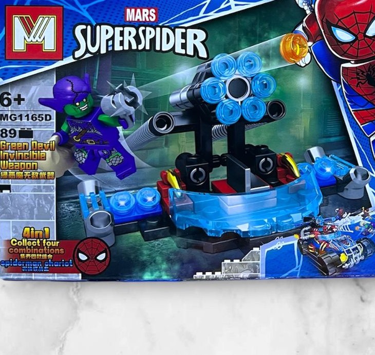 Arma de batalla armable con minifigura del Duende Verde (Green Goblin) y cañón azul, set MARS SUPERSPIDER MG1165D de 89 piezas