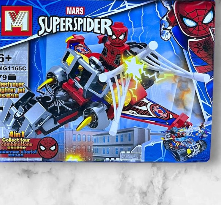 Jet destructor armable de Spider-Man en negro y rojo con minifigura de Spider-Man, set MARS SUPERSPIDER MG1165C de 79 piezas