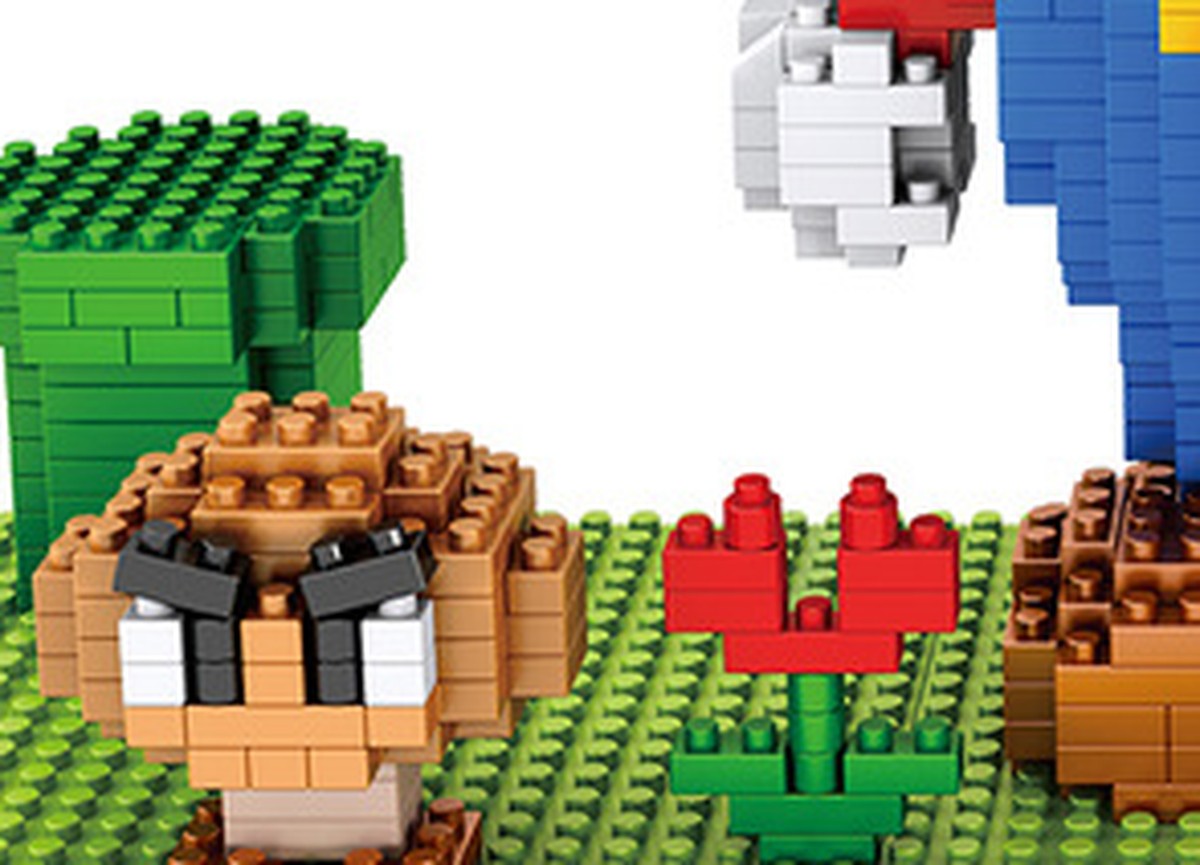 Goomba, tubería verde y flor armables en micro bloques del set Super Mario figura 3D de 2000 piezas