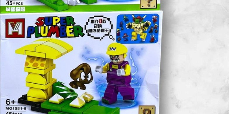 Figura armable de Wario amarillo con tubería, goomba y monedas, set Super Mario MG1581-6 de 45 piezas
