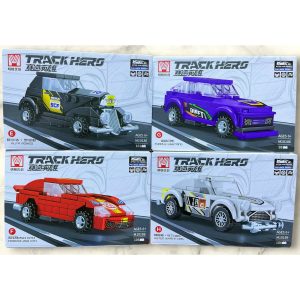 Set TrackHers M10186 con cuatro autos armables pull-back
