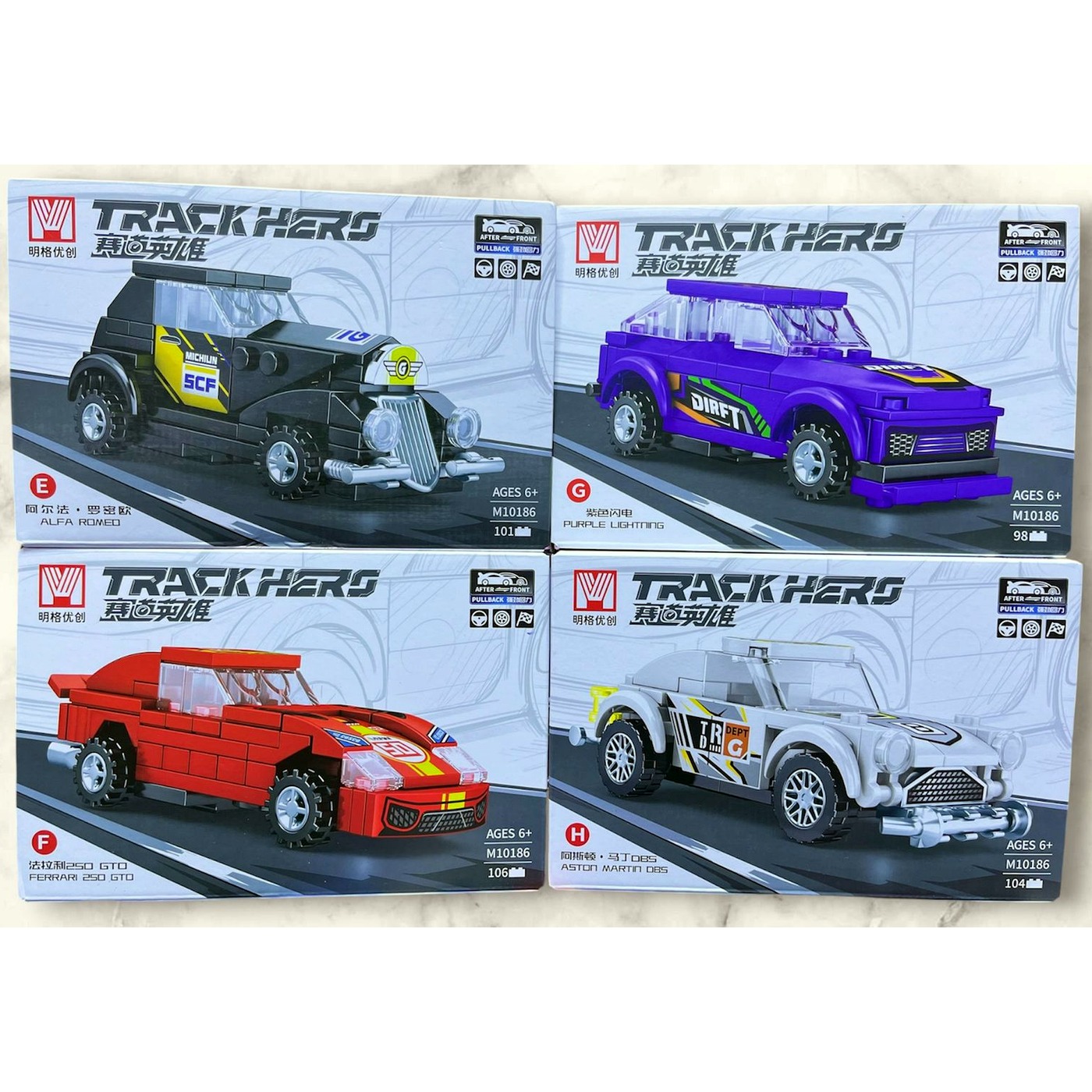 Set TrackHers M10186 con cuatro autos armables pull-back