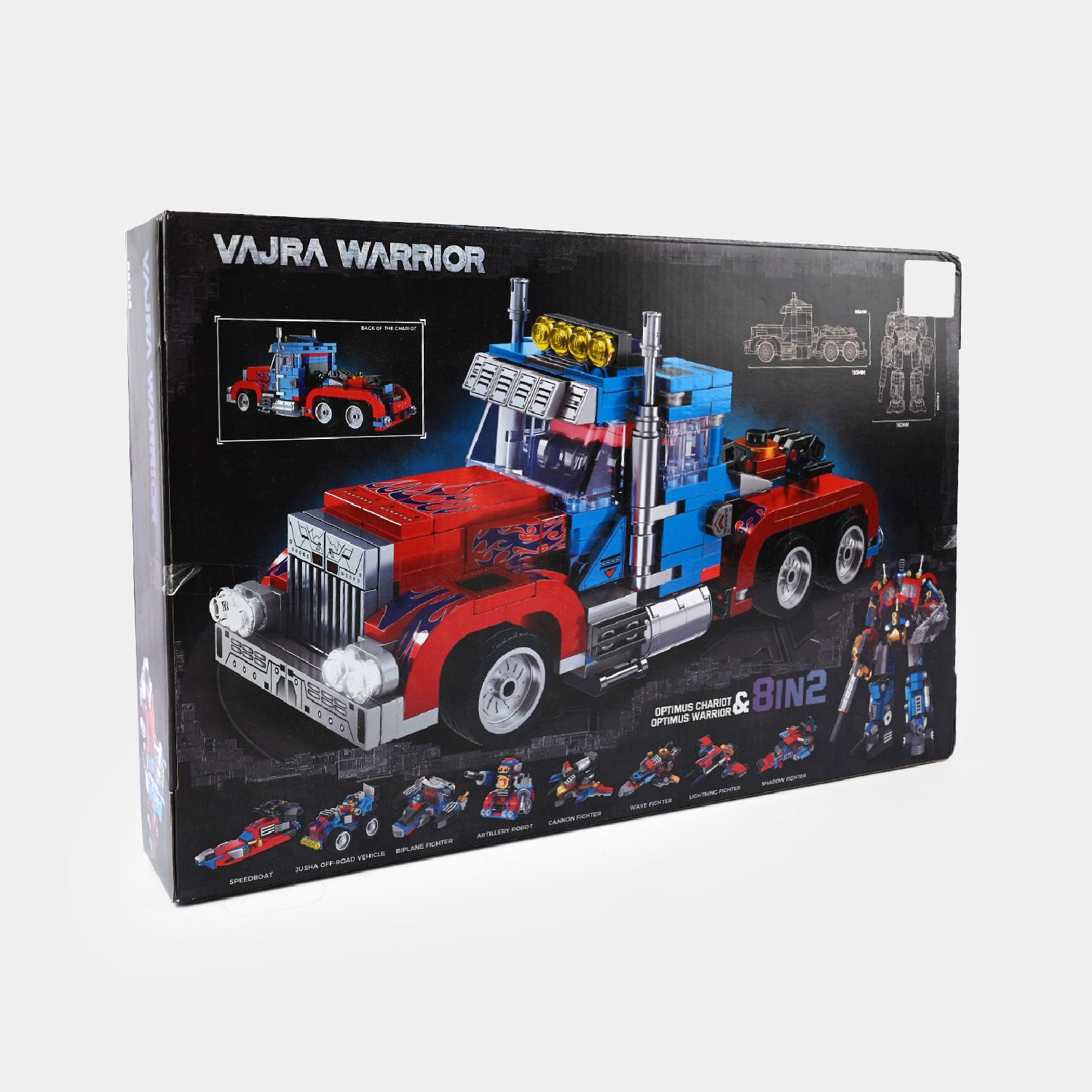 Parte trasera de la caja Vajra Warrior 8 en 2 BB305 con el camion Optimus Chariot