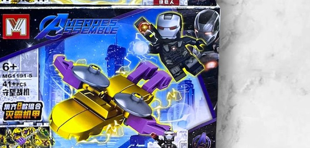 Minifigura armable de War Machine con nave dron dorada, caja MG1191-5 del set Avengers Heroes Assemble compatible con bloques