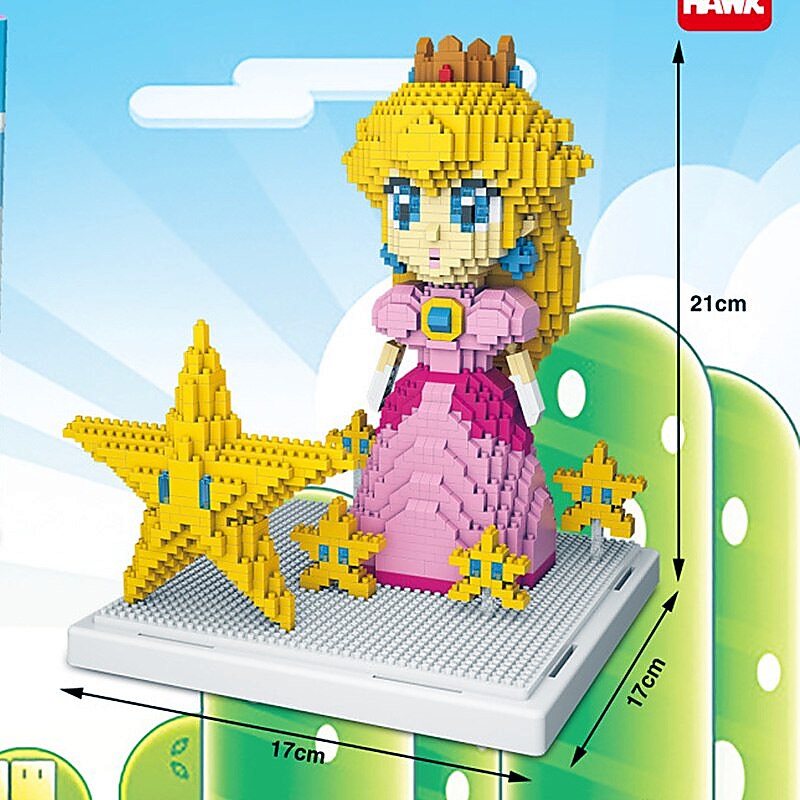 Medidas del set Wise Hawk 2508 Princess Peach y Estrella con base de 17 por 17 cm y altura aproximada de 21 cm